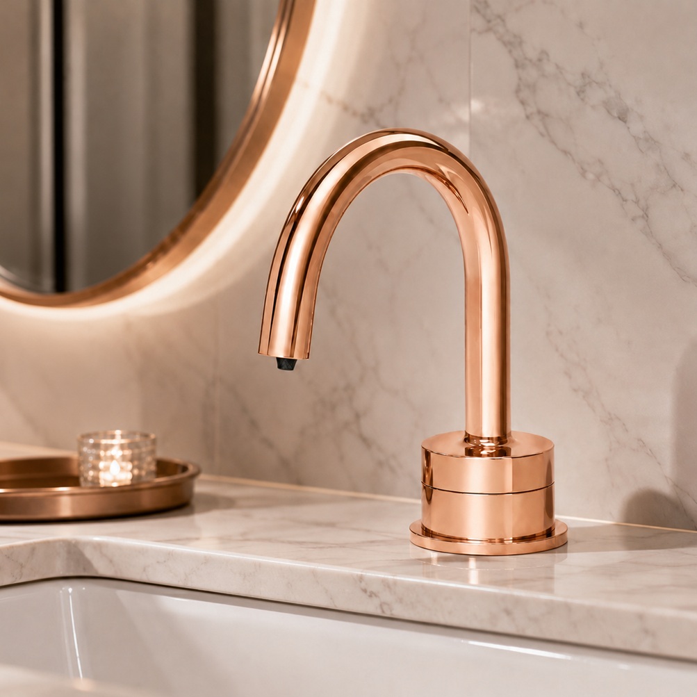 Polished rose gold arched touchless faucet model installed on a marble bathroom vanity with round mirror and warm luxury restroom lighting